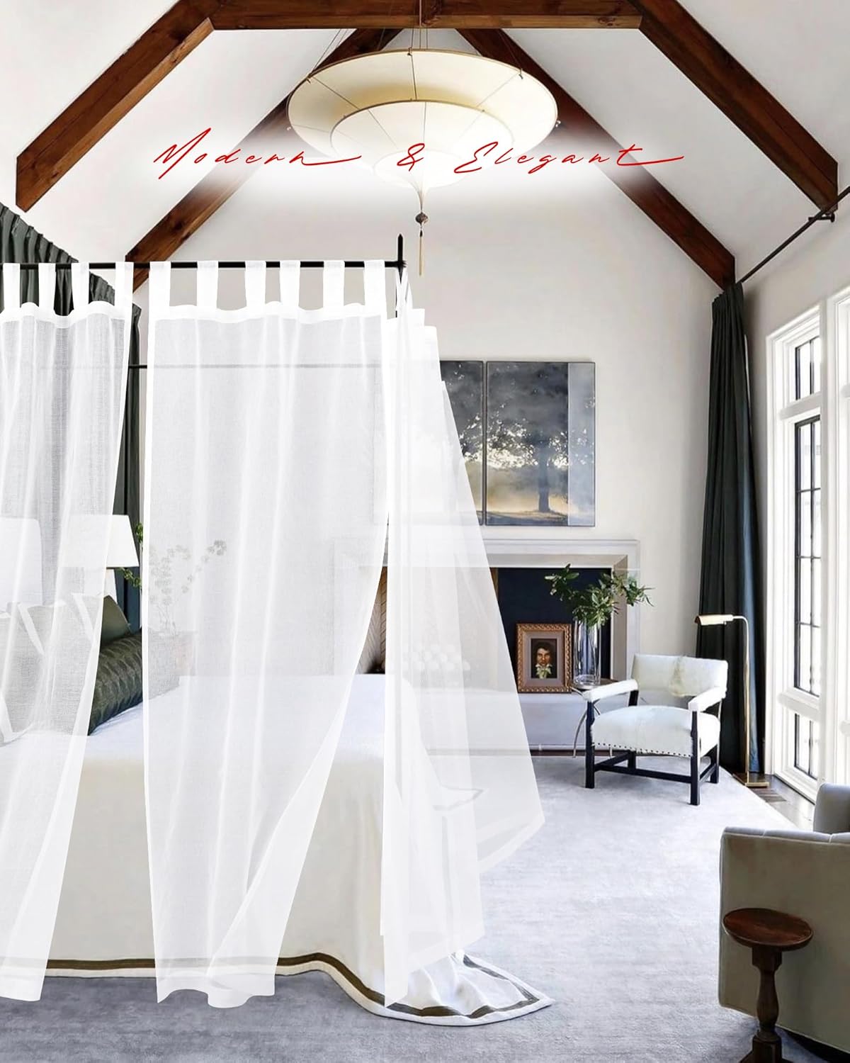 White Canopy Bed Curtains for King Queen Full Twin Bed Frame with Velcro A94372