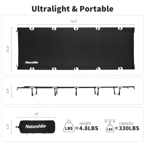 Naturehike Ultralight Camping Cot, Folding Tent Cot, Supports 330lbs, Dark Black H31125