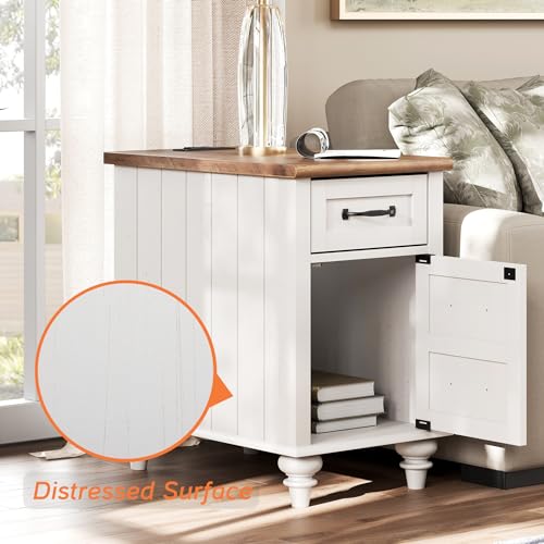 WAMPAT 2 Pack End Table with Charging Station and Storage, White/Oak E6157