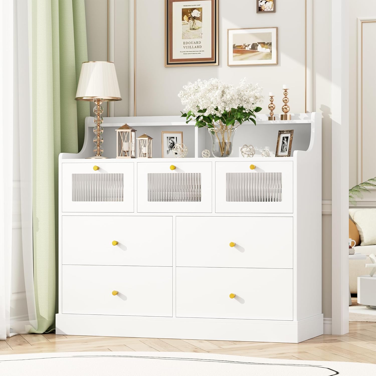 finetones 7 Drawer Dresser with Shelves, White and Gold W3983