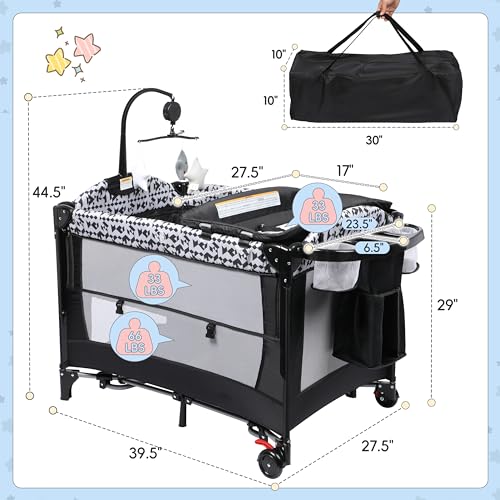 Xilingol 5-in-1 Pack and Play, Baby Bassinet Bedside Sleeper with Diaper Changer & Music Box N3018