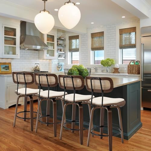 Rattan Bar Stools Set of 2, Counter Height, Swivel with Back, Beige B141