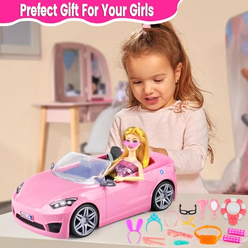 76 Pcs Doll & Convertible Car Playset with 11.5 In Doll, Princess Dresses, Shoes & Accessories L6719