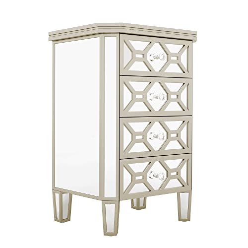 Mirrored 4-Drawer Chest with Golden Lines and Crystal Knob for Bedroom, Silver C933