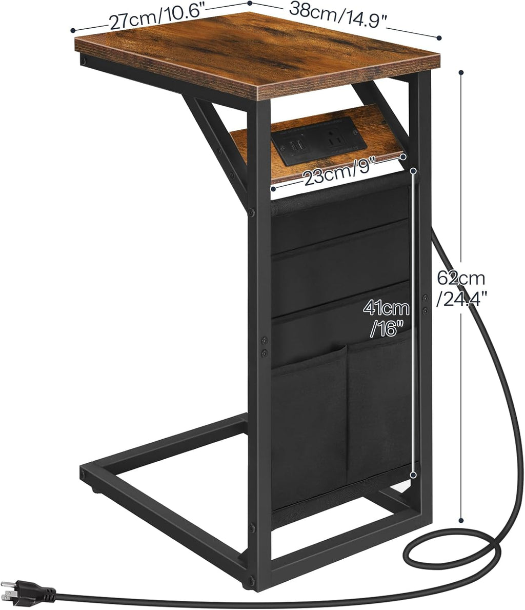 HOOBRO C-Shaped End Table with Charging Station, Metal Frame, Rustic Brown and Black M645406
