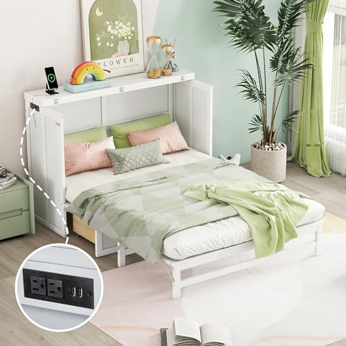 KEIKI Queen Size Murphy Bed with Charging Station and Drawer, Walnut B45816