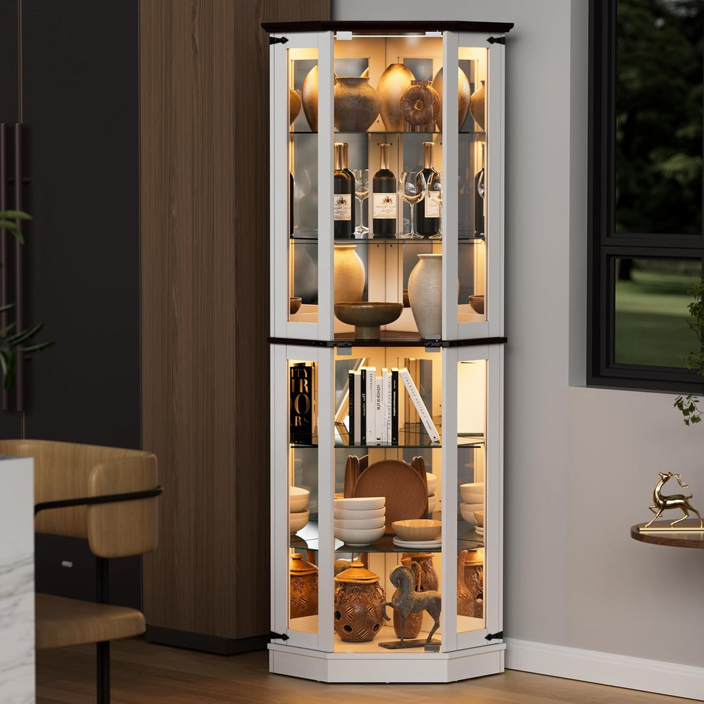 PAKASEPT 71'' Farmhouse Curio Cabinet with LED Lights, Tempered Glass Doors, White A458