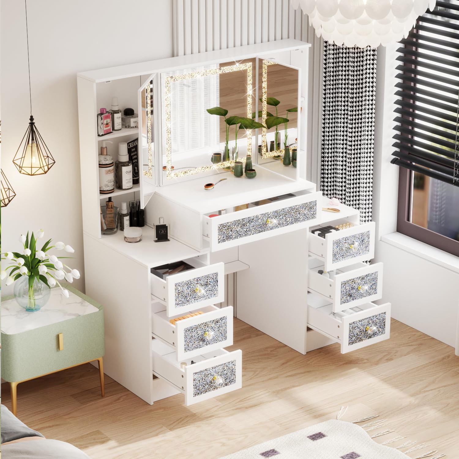 Homsee 43.3" White Luxury Makeup Vanity Desk with Lighted Mirror D2377