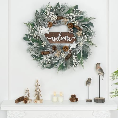 Pinkpuii 24 Inch Artificial Christmas Wreath with Pinecones and Welcome Sign for Front Door H758994