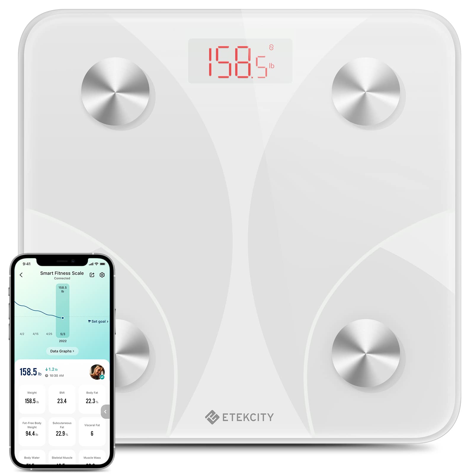 Etekcity Smart Scale for Body Weight, Body Fat, Water Weight, White, 400 lb