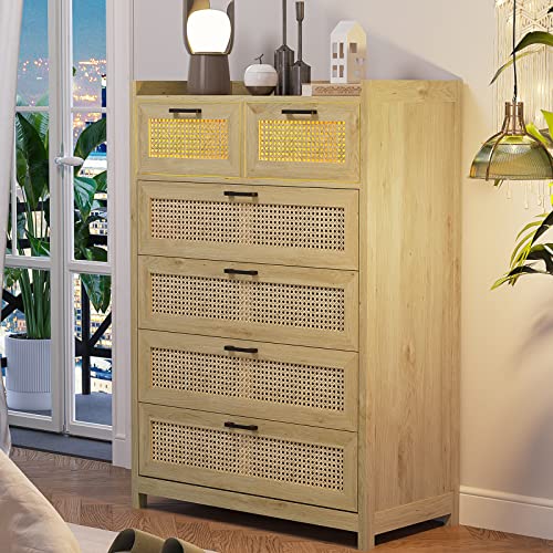 Rattan Dresser with LED Lights, 6 Drawer Storage Chest Q25323