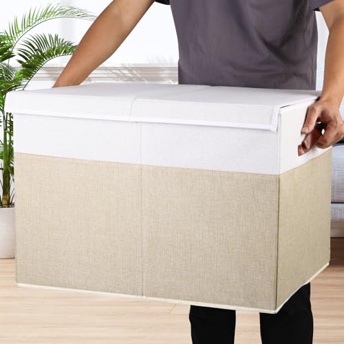 Large Toy Storage Box with Lid and Dividers for Kids, Beige and White X95078