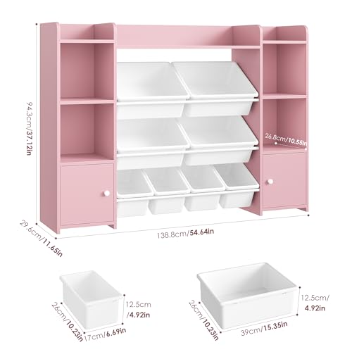 FOTOSOK 55" Toy Storage Organizer with 8 Bins and Bookshelf, Pink J681345