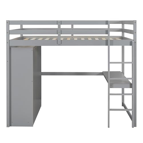 Harper & Bright Designs Full Size Loft Bed with Wardrobe and Desk, Solid Wood, White M8159