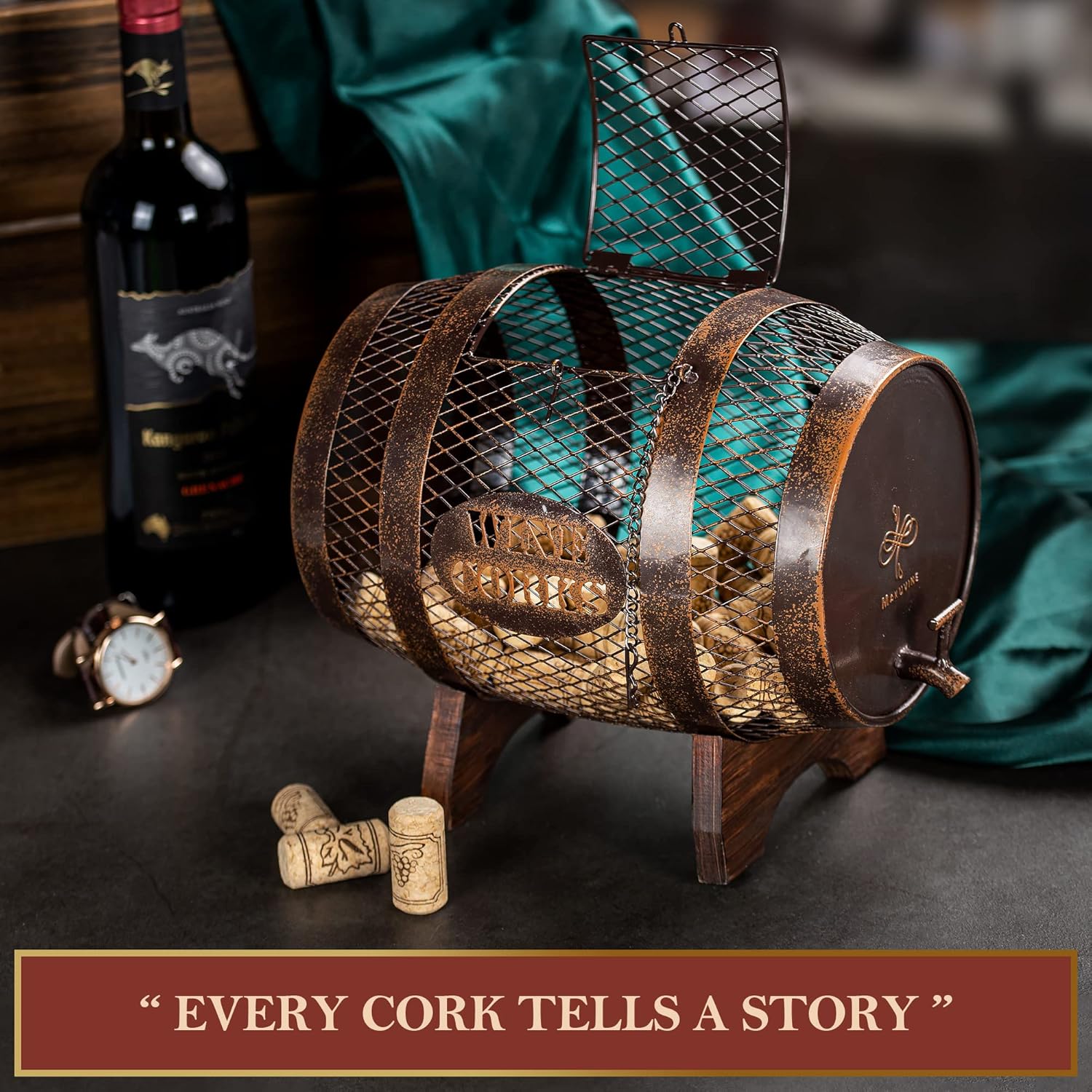Rustic Metal Barrel Wine Cork Holder with Wooden Stand Z81334