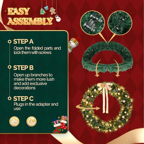 VINGLI 48 Inch Pre-lit Artificial Christmas Wreath with 150 LED Lights T885