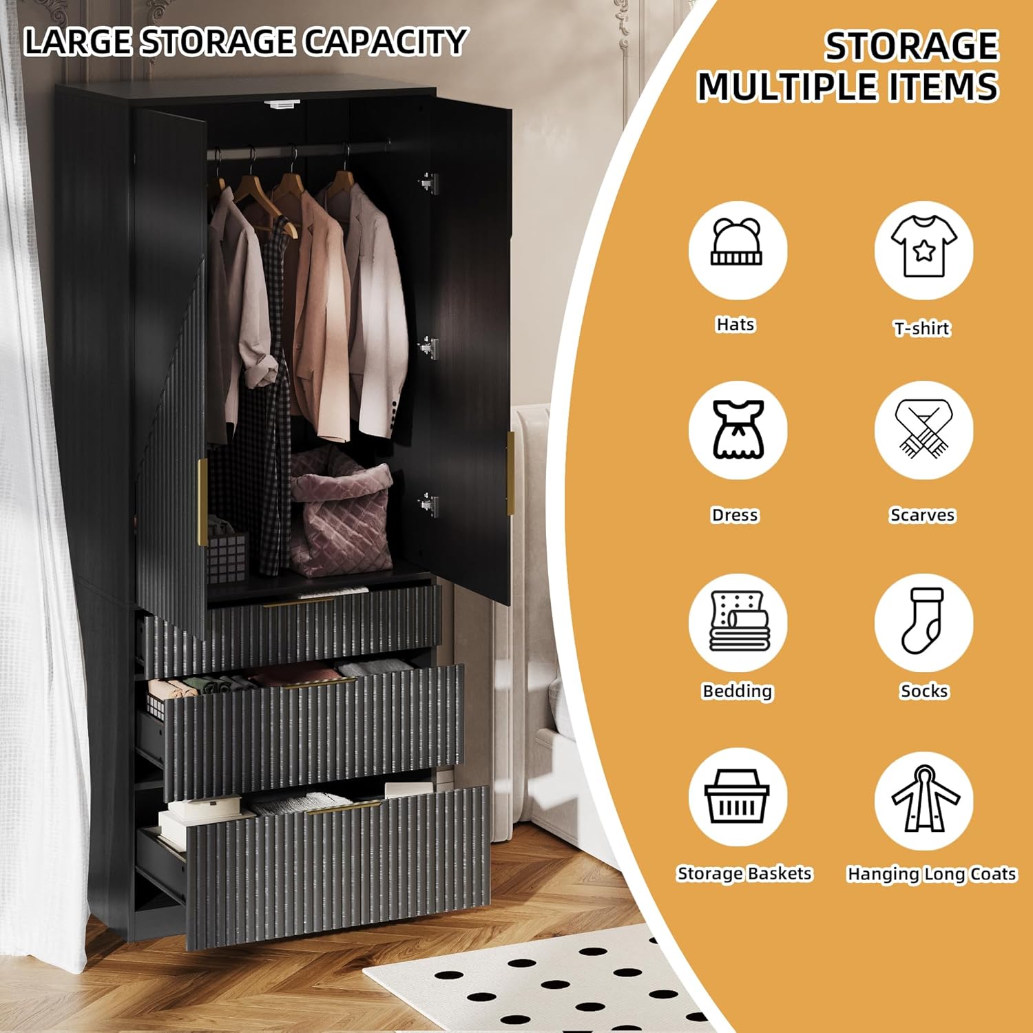 71.7" Wooden Wardrobe Armoire with 2 Doors and 3 Drawers, Black R48741