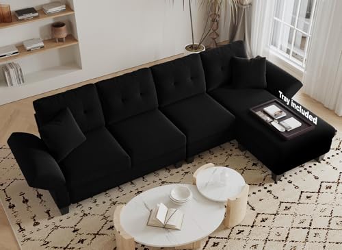 Belffin Velvet Sectional Couch L Shaped Sofa with Chaise, Black O54126