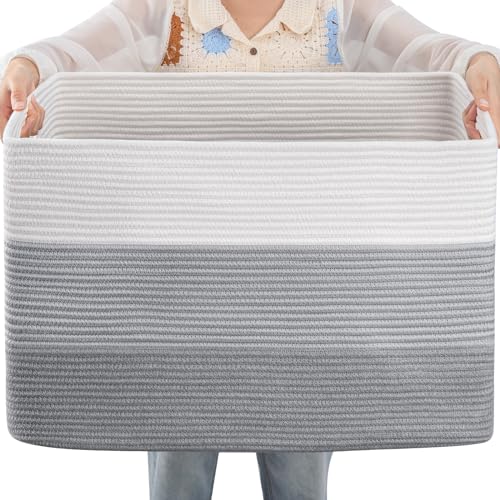OIAHOMY Large Rectangle Woven Blanket Basket with Handle, Gradient Blue B58762
