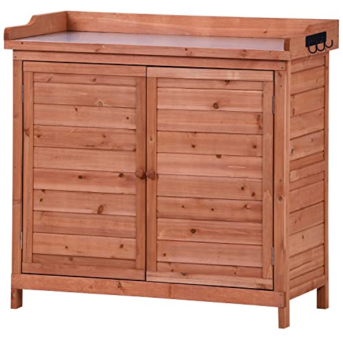 Merax 66" Outdoor Farmhouse Wooden Potting Bench Table with 2 Drawers and Cabinet, Brown U7933