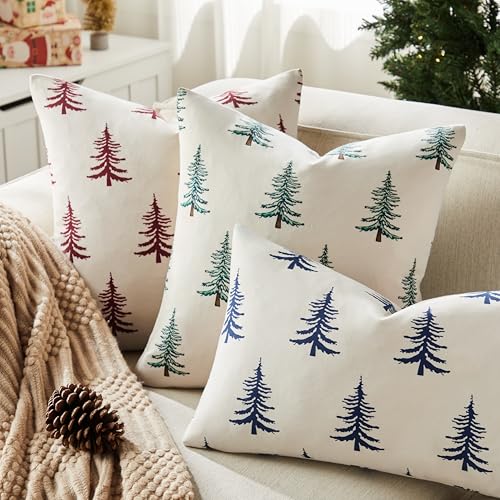 Christmas Pillow Covers Set of 2, 18x18 Inch, Green Winter Tree Print Z3499