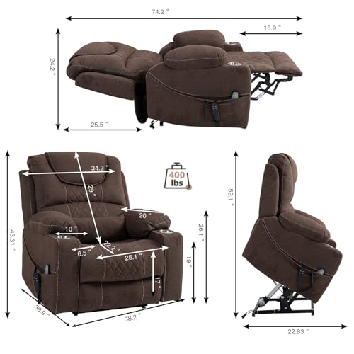 Lift Chair Recliner with Massage and Heat, Heavy Duty for Seniors, Brown V12888