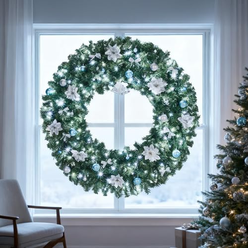 VINGLI 48 Inch Pre-lit Artificial Christmas Wreath with 150 LED Lights T885