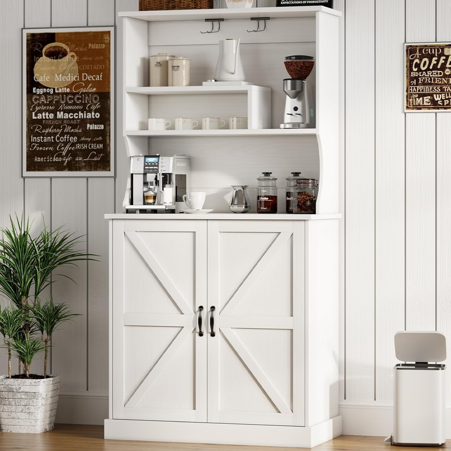 4 EVER WINNER Farmhouse Coffee Bar Cabinet with Hutch & Wine Rack, White U8140