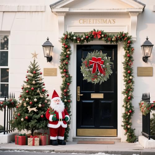 24 Inch Christmas Wreath with Red Ribbon and Pine Cones for Front Door D30392