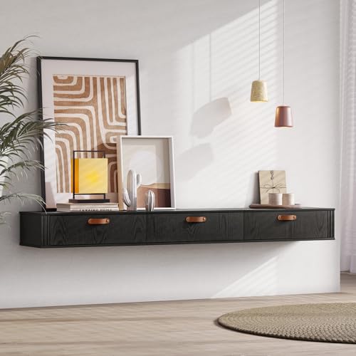 WAMPAT Floating TV Stand, Wall Mounted Wood Media Console, 70 inch, Black A6087
