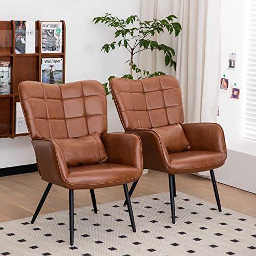 Modern Accent Chair with High Back, Leather Upholstered, Metal Legs - Brown T343