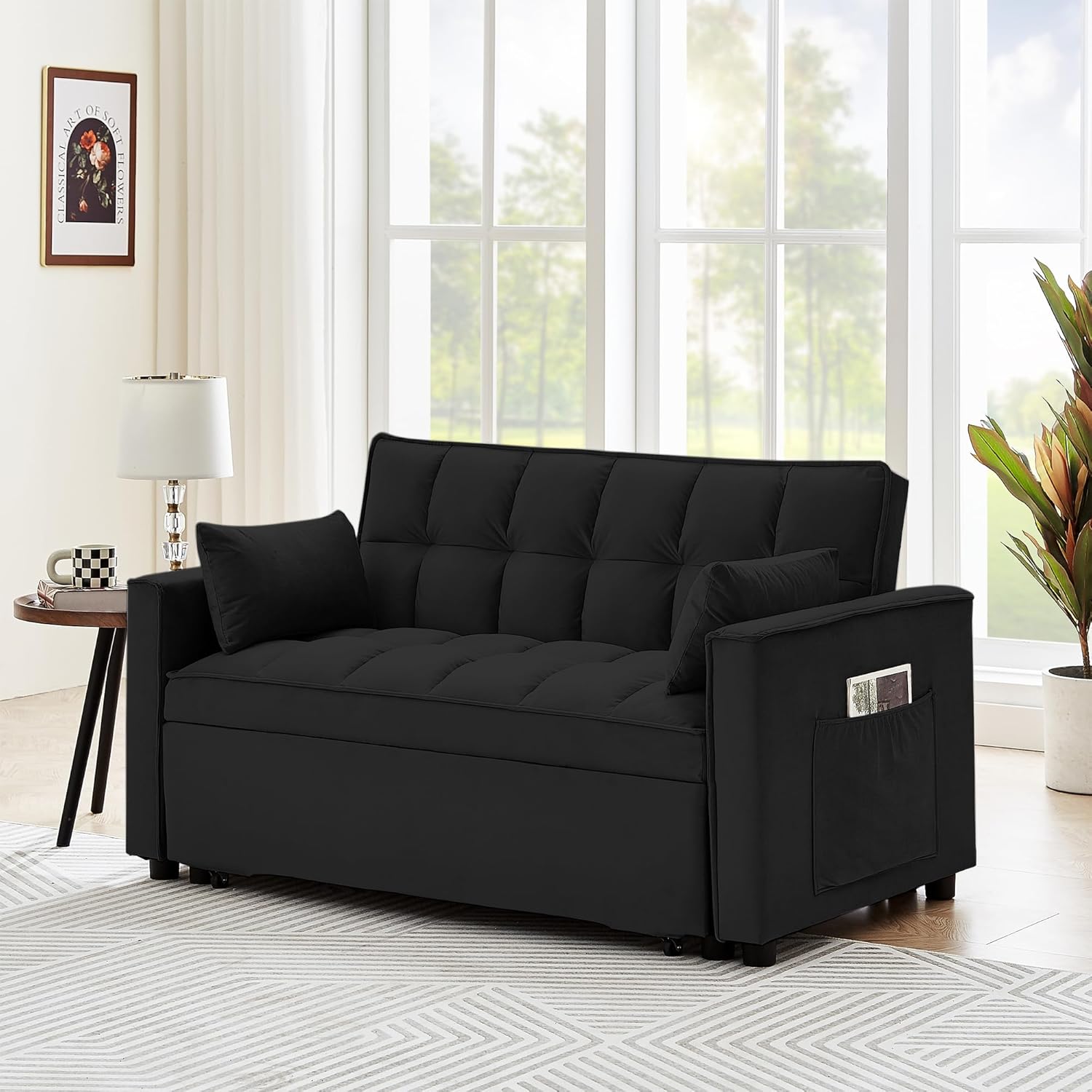 55" Full Size Pull Out Couch 3-in-1 Convertible Futon Sofa Bed, Fluffy Velvet Loveseat U526859