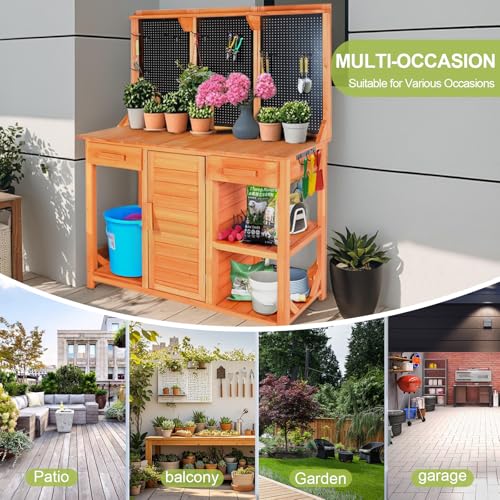 Outdoor Wooden Potting Bench with Storage Drawer and Pegboard B4343