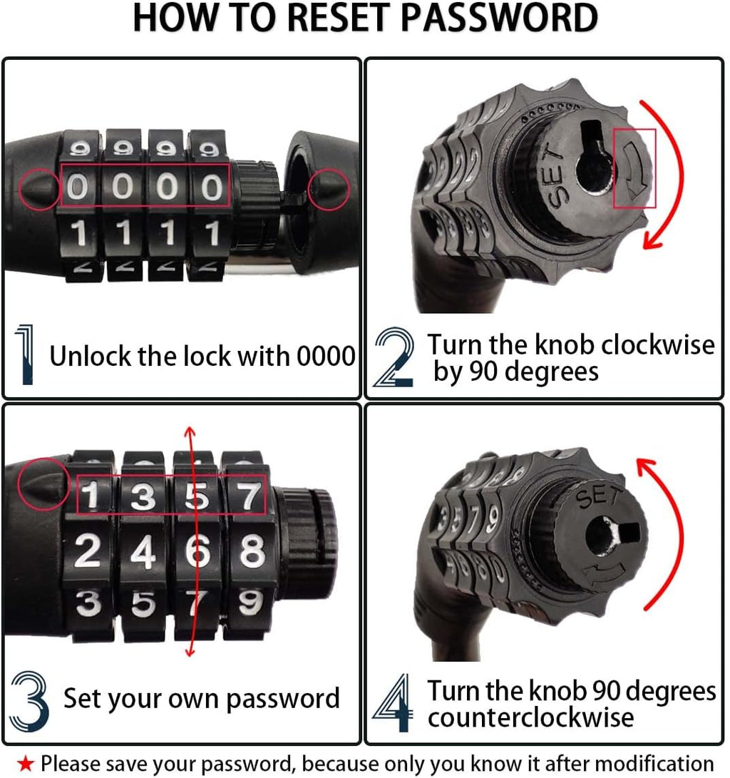 4 Digit 3FT Resettable Bike Lock Cable for Bicycle & Scooter Y797