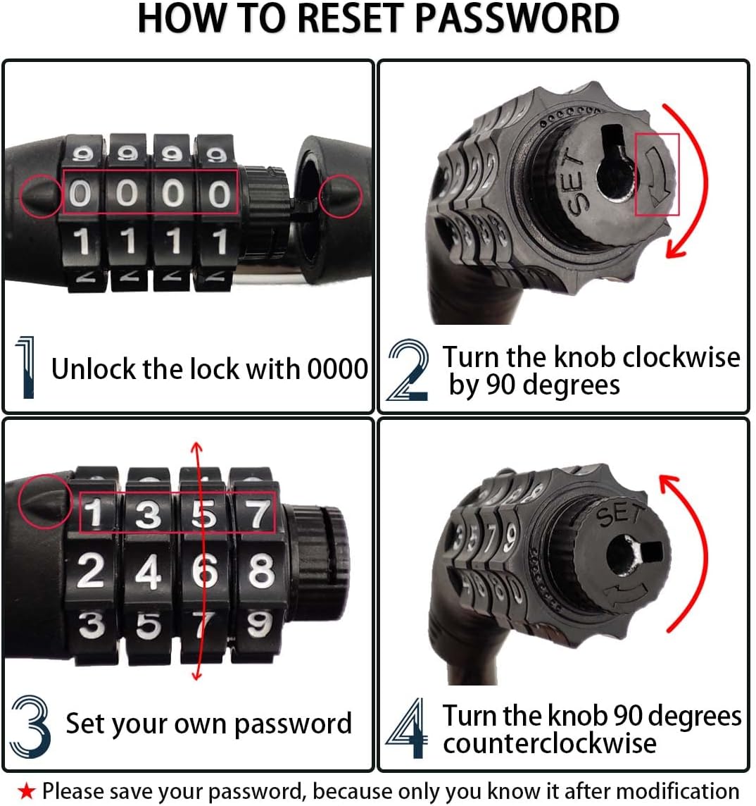 4 Digit 3FT Resettable Bike Lock Cable for Bicycle & Scooter Y797