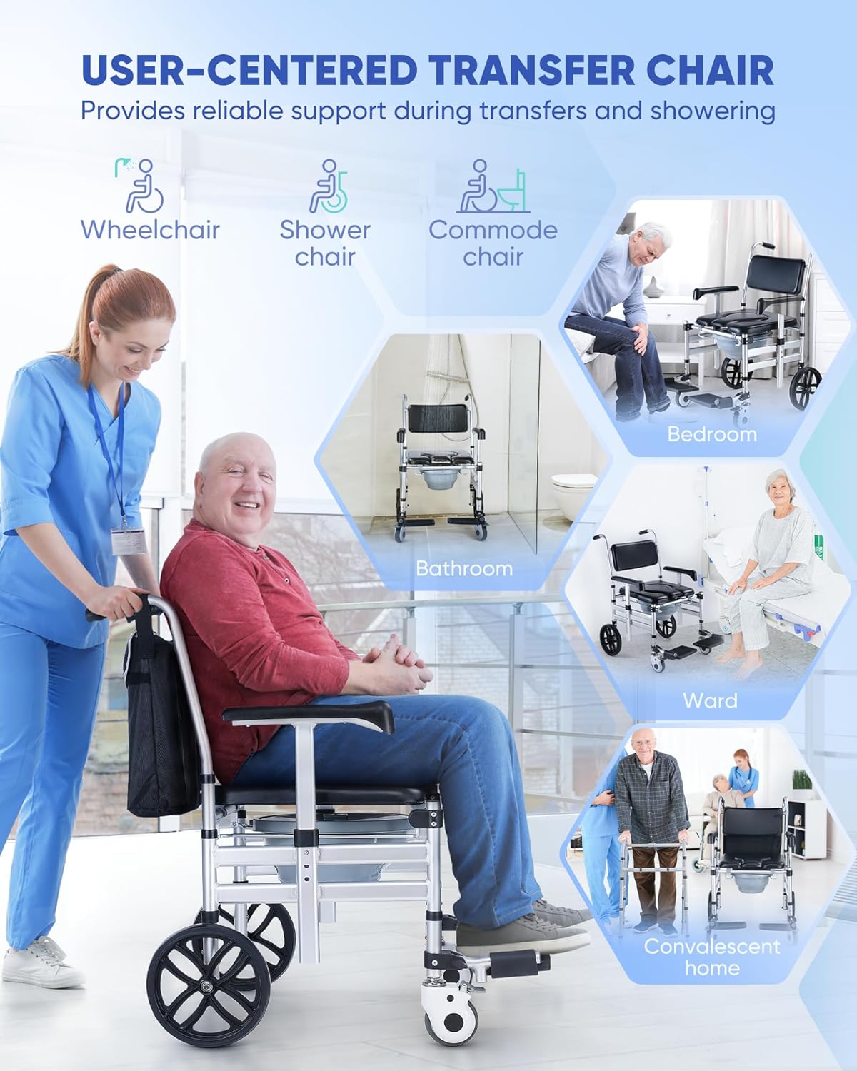 Hybodies Foldable Aluminum Shower Chair with Wheels, 3 in 1 Transport & Commode W280541