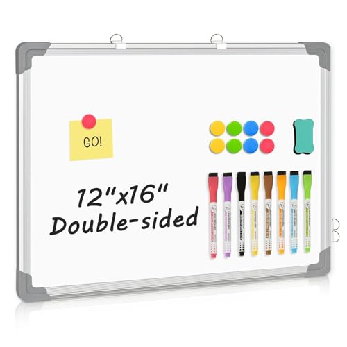 Double-Sided White Board Dry Erase Board for Wall, 12" x 16" Small Hanging Cubicle Magnetic Whiteboard, Portable for Planning, Kitchen, Memo, School, Home, Office