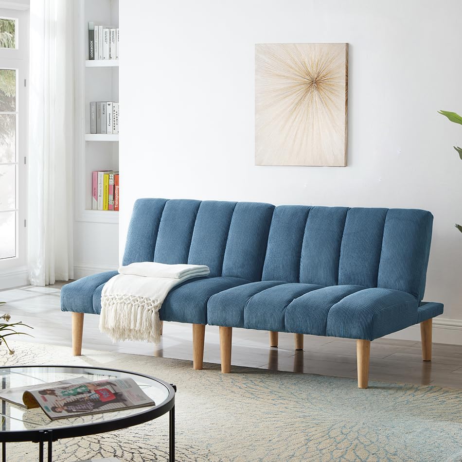 Majnesvon Modern Convertible Folding Sleeper Loveseat Sofa Couch, Corduroy, Blue Q971052