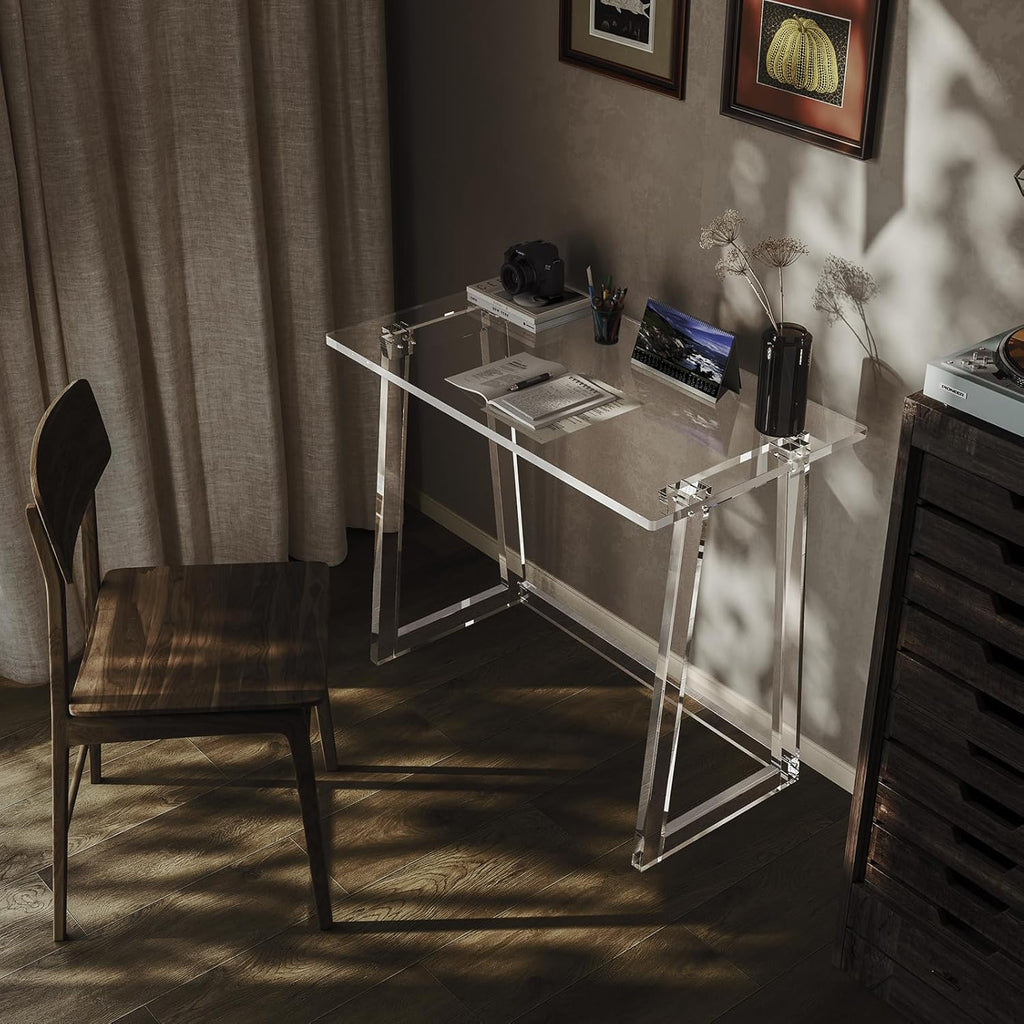 HMYHUM Acrylic Desk 35.4 Inch Clear Computer Desk with Trapezoid Legs F311427
