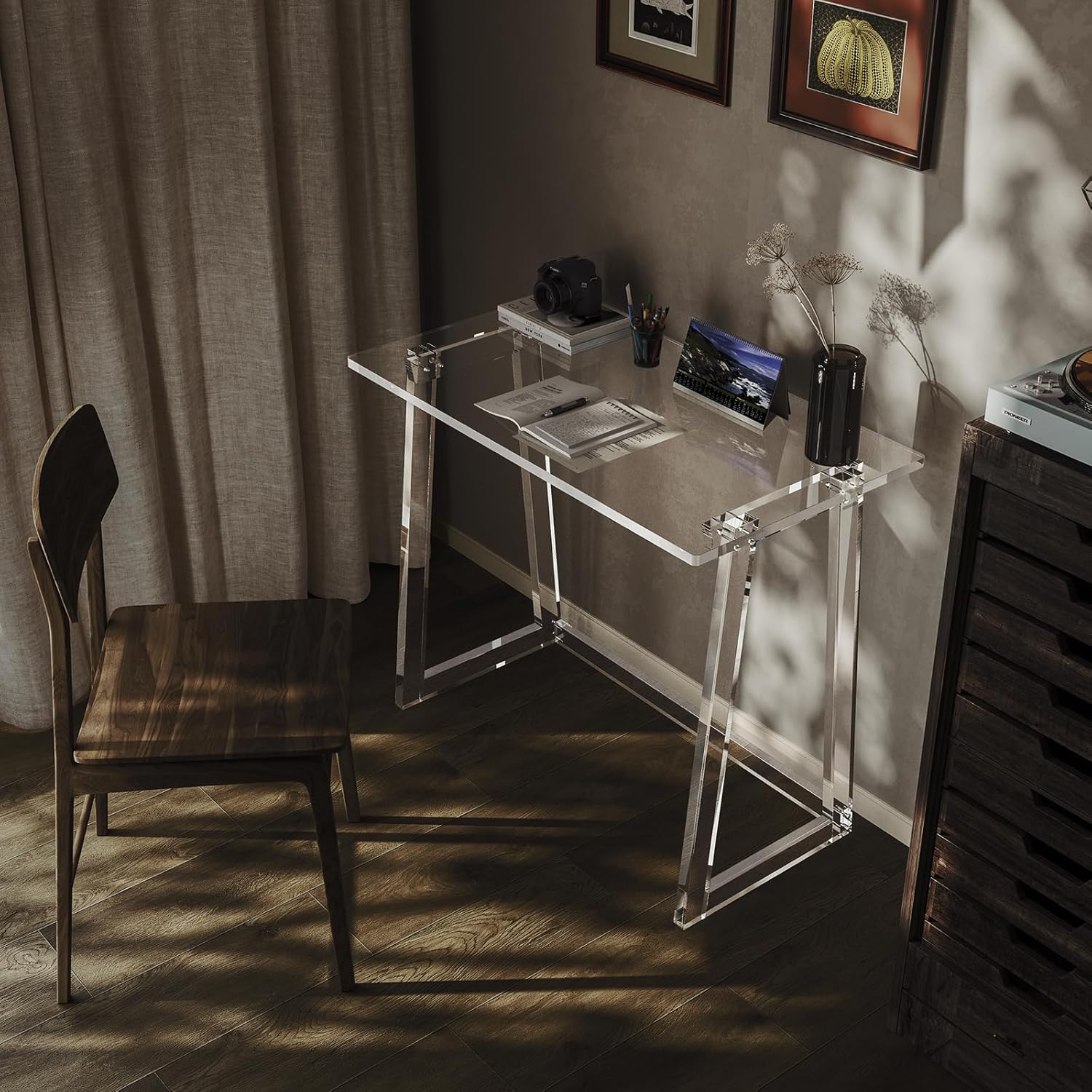 HMYHUM Acrylic Desk 35.4 Inch Clear Computer Desk with Trapezoid Legs F311427