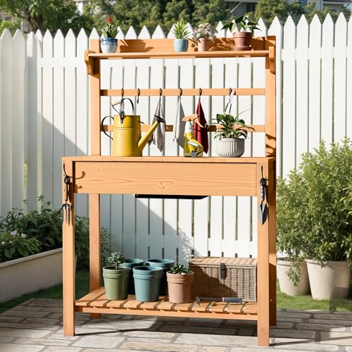 DWVO Outdoor Potting Bench Table with Sink & Sliding Top, Wooden Garden Workbench K4598