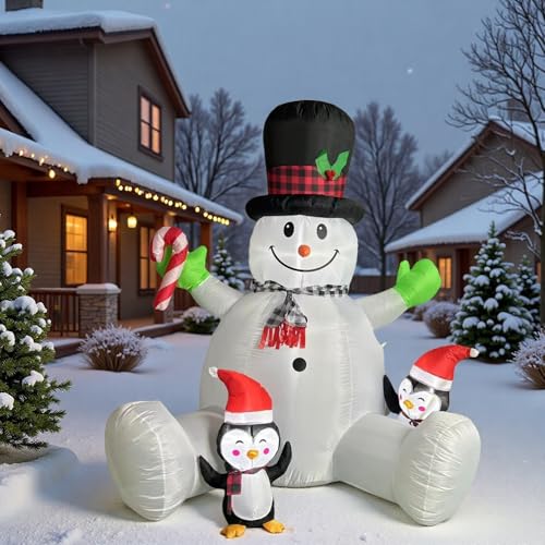 7 FT Inflatable Snowman with Penguins and LED Lights for Christmas Yard Decor F9702