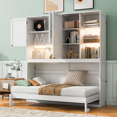 SOFTSEA Twin Murphy Bed with Storage Bookcase, LED Light & Charging Stations, Grey G72495