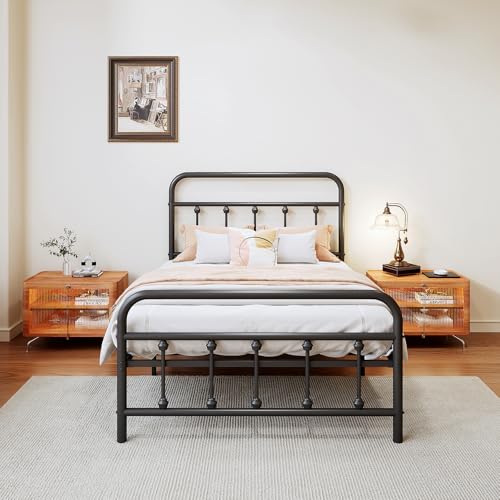 Vengarus Metal Bed Frame Full Size with Headboard, Heavy Duty Steel Slat, Black S383