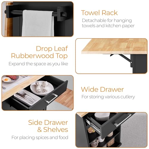 Yaheetech Rolling Kitchen Island Cart with Drop Leaf, Rubberwood Breakfast Bar with Storage V538