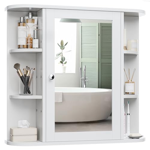 Meilocar Bathroom Mirror Cabinet Wall Mounted, Bathroom Medicine Cabinet with Mirror and 6 Open Shelves, White Bathroom Wall Cabinet Medicine Cabinet for Bathroom Laudry Room, White