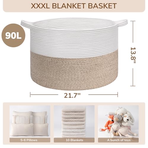 INDRESSME Large Cotton Rope Storage Basket with Handles, 90L Grey R37552