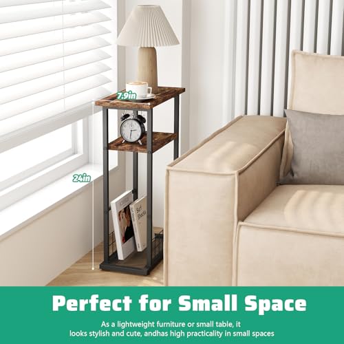 Rustic Brown 3-Tier Narrow Side Table with Magazine Holder I9606