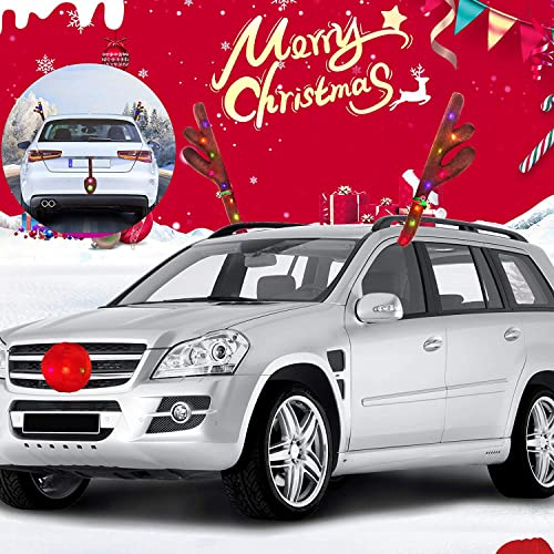 Car Reindeer Antlers Decoration Kit with Jingle Bells, Red Nose and Tail for Cars L3821