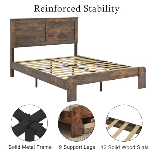 Queen Size Platform Bed Frame with Wood Headboard, Dark Brown U3153